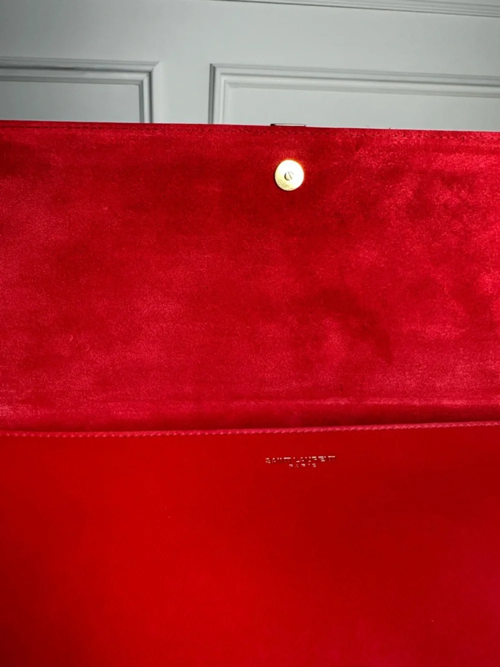 SOLD. Yves Saint Laurent Red Leather Clutch with Gold Y Emblem - Picture 4 of 15